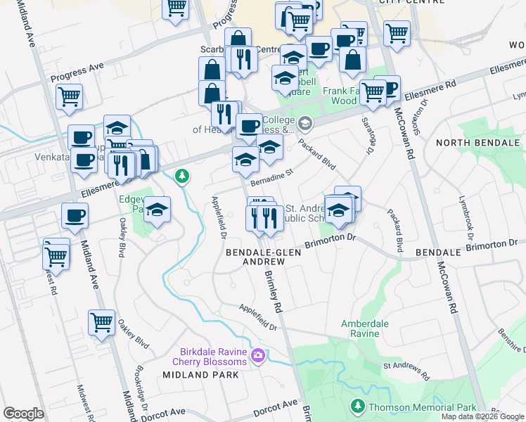 map of restaurants, bars, coffee shops, grocery stores, and more near 24 Cora Crescent in Toronto