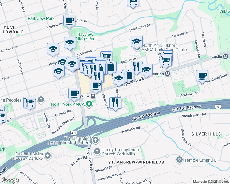 map of restaurants, bars, coffee shops, grocery stores, and more near in Toronto