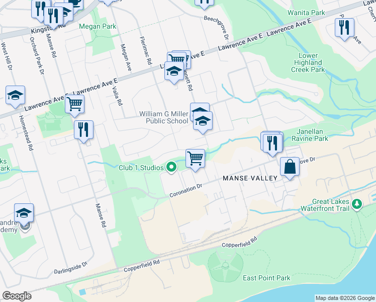 map of restaurants, bars, coffee shops, grocery stores, and more near 57 Woodgrove Drive in Toronto