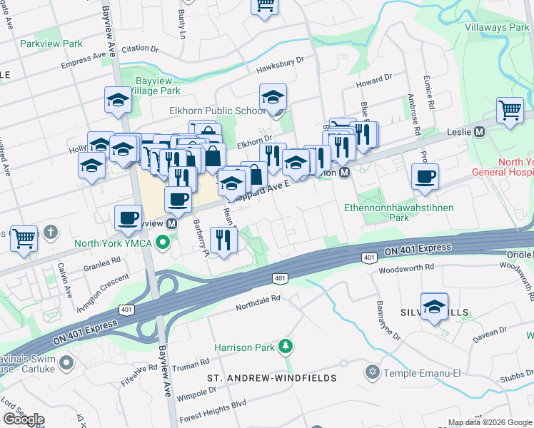 map of restaurants, bars, coffee shops, grocery stores, and more near 18 Dervock Crescent in Toronto