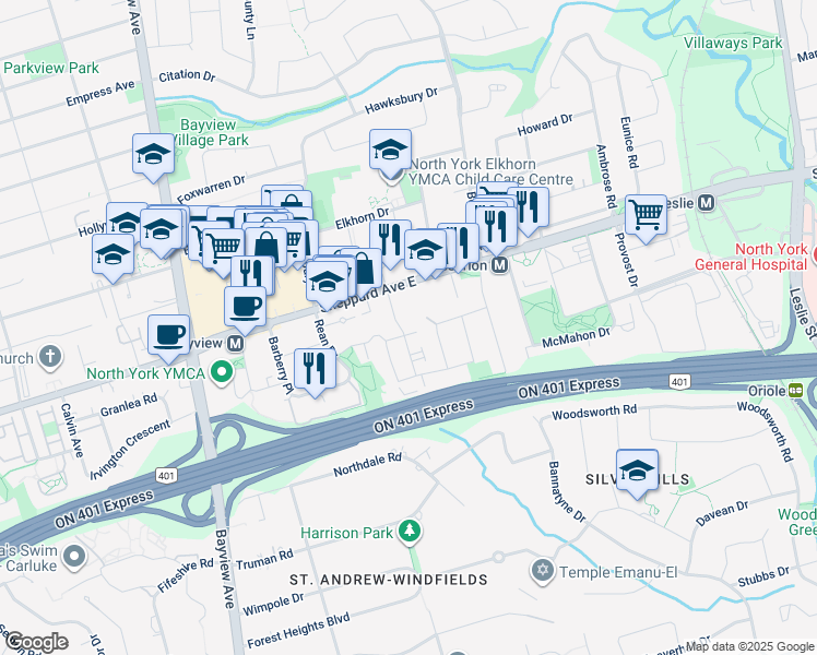 map of restaurants, bars, coffee shops, grocery stores, and more near in Toronto