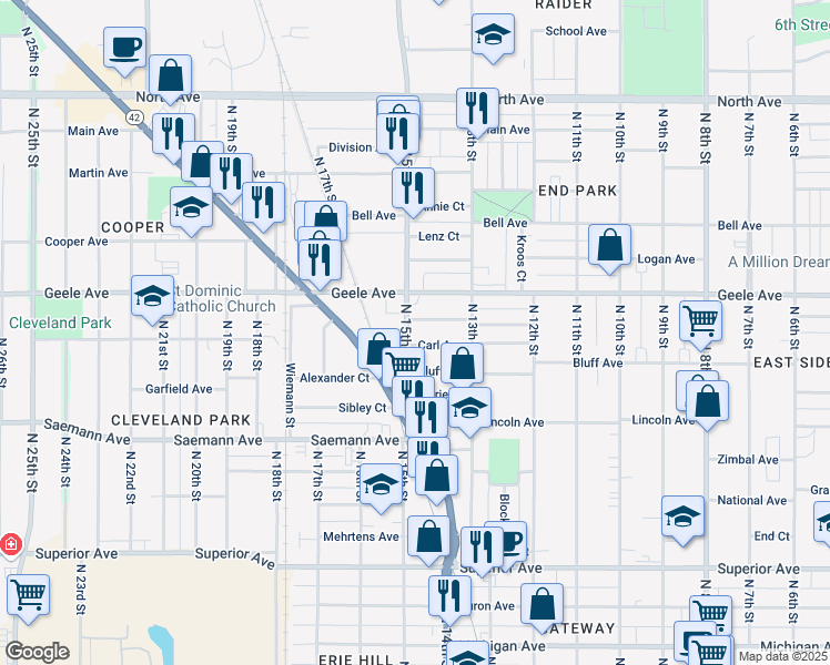 map of restaurants, bars, coffee shops, grocery stores, and more near in Sheboygan