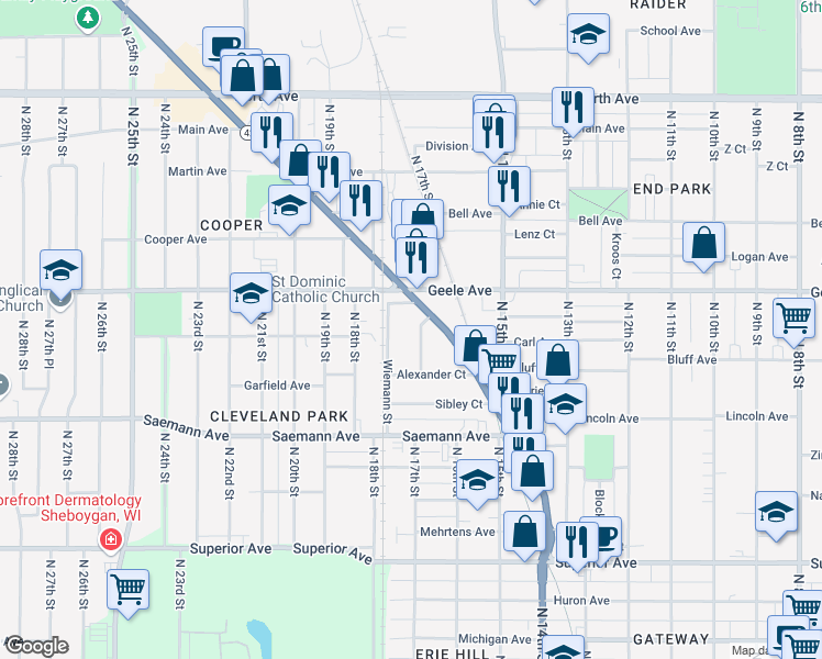 map of restaurants, bars, coffee shops, grocery stores, and more near 2035 Folger Court in Sheboygan
