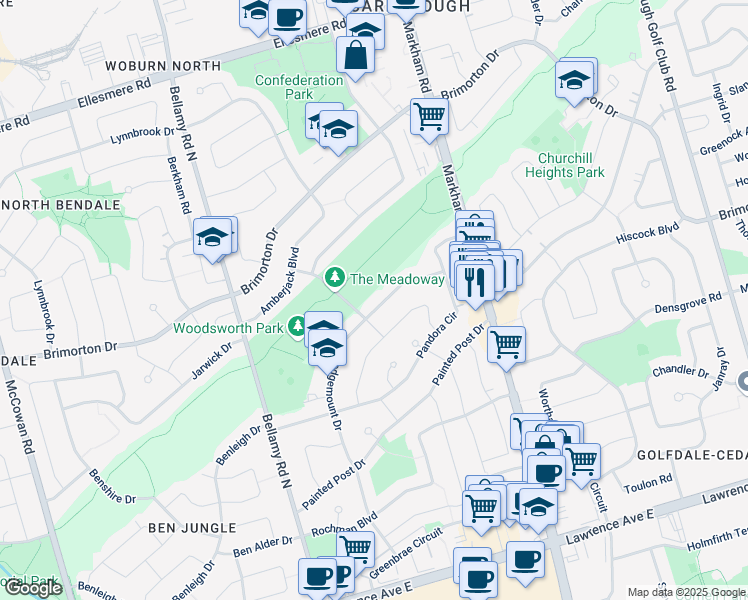 map of restaurants, bars, coffee shops, grocery stores, and more near 156 Sedgemount Drive in Toronto
