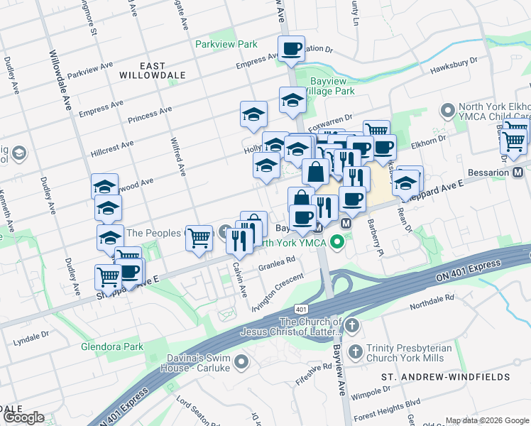 map of restaurants, bars, coffee shops, grocery stores, and more near 28 Espana Lane in Toronto