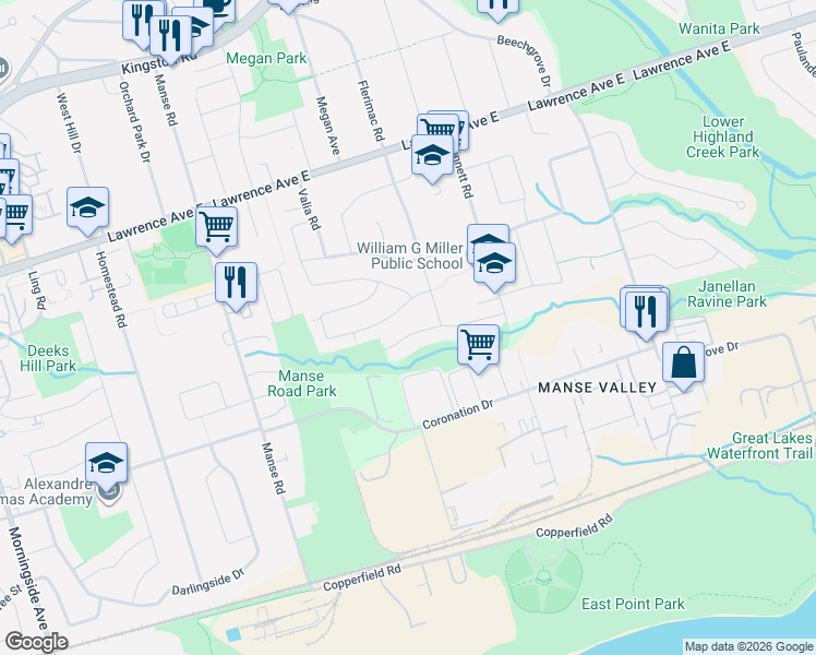 map of restaurants, bars, coffee shops, grocery stores, and more near 22 Woodgrove Drive in Toronto