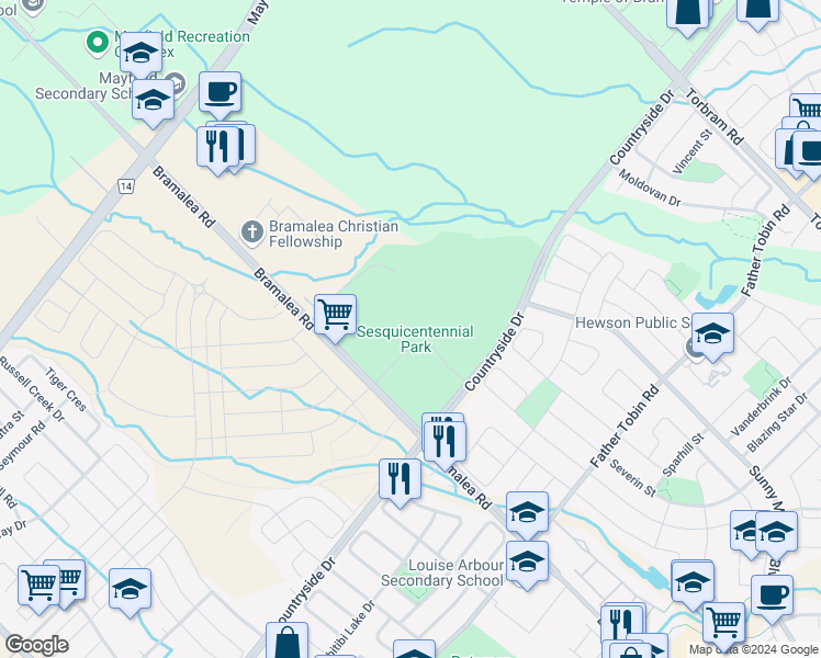 map of restaurants, bars, coffee shops, grocery stores, and more near in Brampton