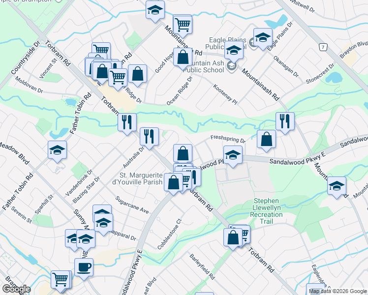 map of restaurants, bars, coffee shops, grocery stores, and more near 94 Timbertop Crescent in Brampton