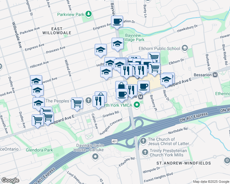 map of restaurants, bars, coffee shops, grocery stores, and more near 30 Mallingham Court in Toronto