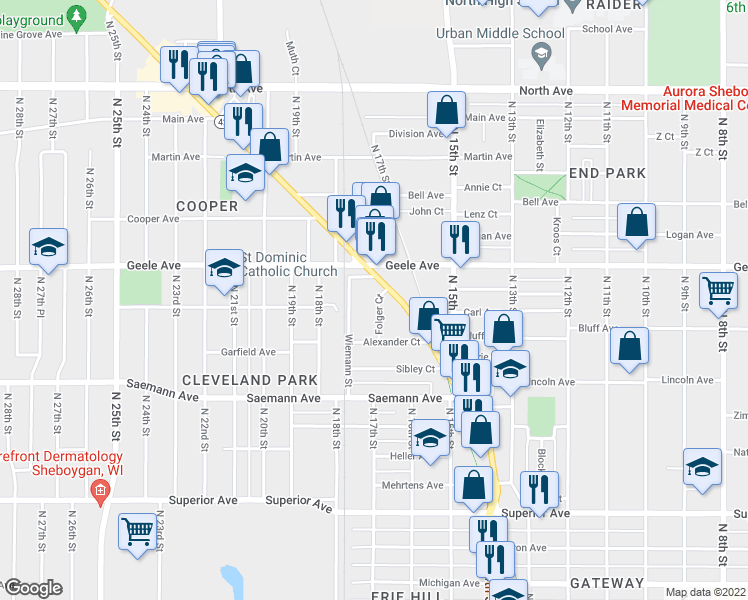 map of restaurants, bars, coffee shops, grocery stores, and more near 2106 Folger Court in Sheboygan