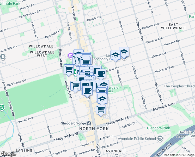 map of restaurants, bars, coffee shops, grocery stores, and more near 188 Doris Avenue in Toronto