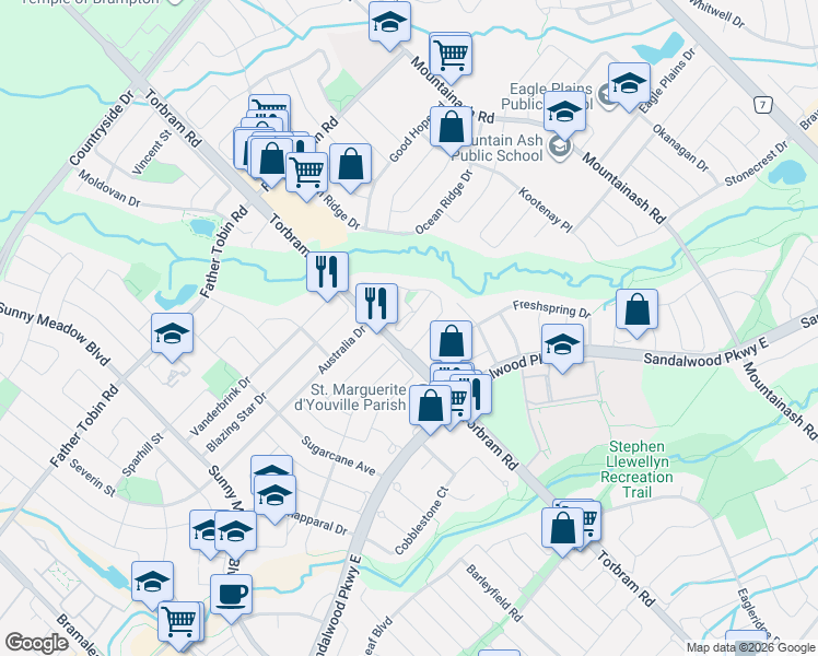 map of restaurants, bars, coffee shops, grocery stores, and more near in Brampton