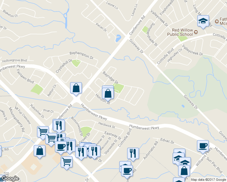map of restaurants, bars, coffee shops, grocery stores, and more near Hammock Terrace in Brampton