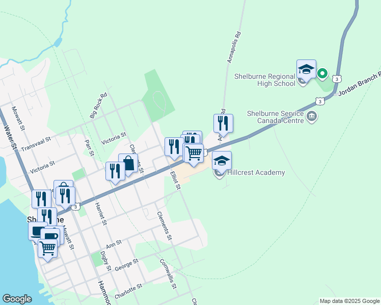 map of restaurants, bars, coffee shops, grocery stores, and more near 114 King Street in Shelburne