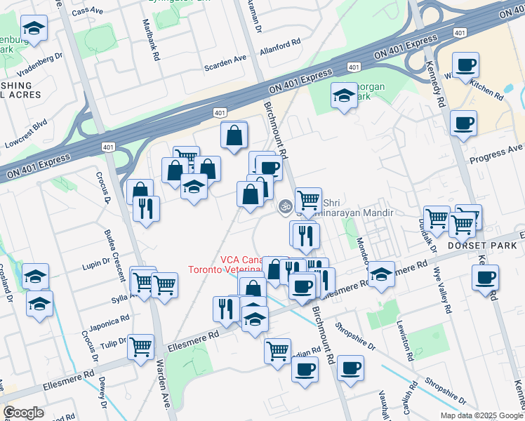map of restaurants, bars, coffee shops, grocery stores, and more near 80a Rolark Drive in Toronto
