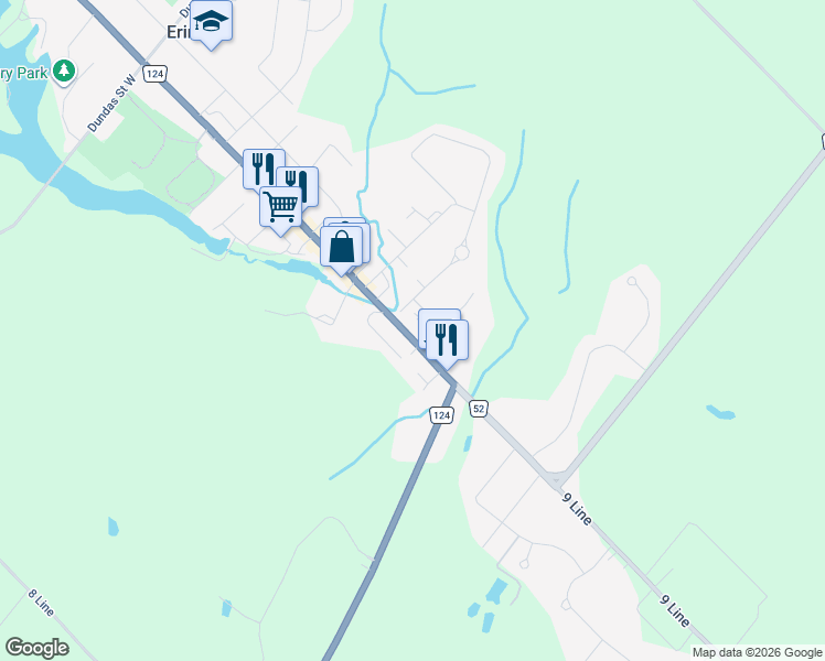 map of restaurants, bars, coffee shops, grocery stores, and more near 23 Main Street in Erin