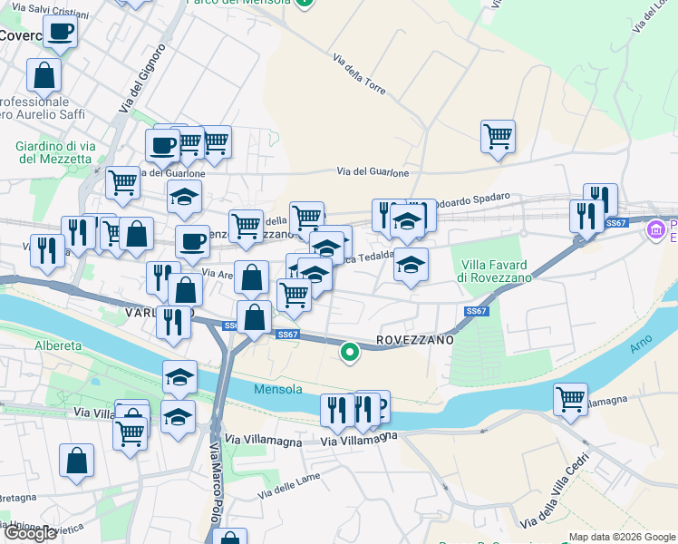 map of restaurants, bars, coffee shops, grocery stores, and more near 415-421 Via Aretina in Firenze