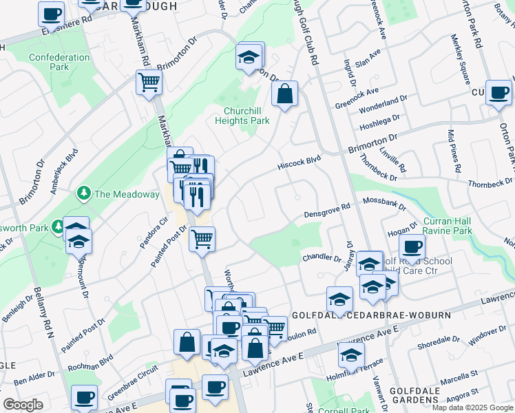 map of restaurants, bars, coffee shops, grocery stores, and more near in Toronto