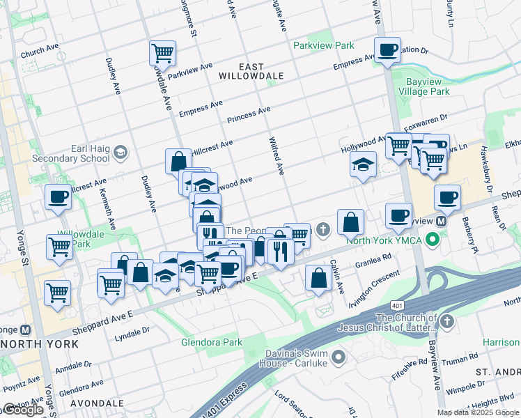 map of restaurants, bars, coffee shops, grocery stores, and more near in Toronto