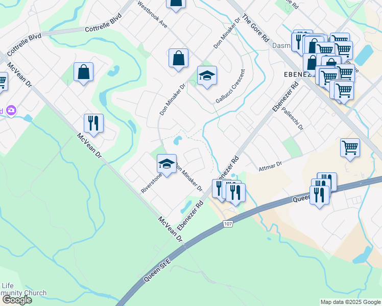 map of restaurants, bars, coffee shops, grocery stores, and more near 27 Vespahills Crescent in Brampton