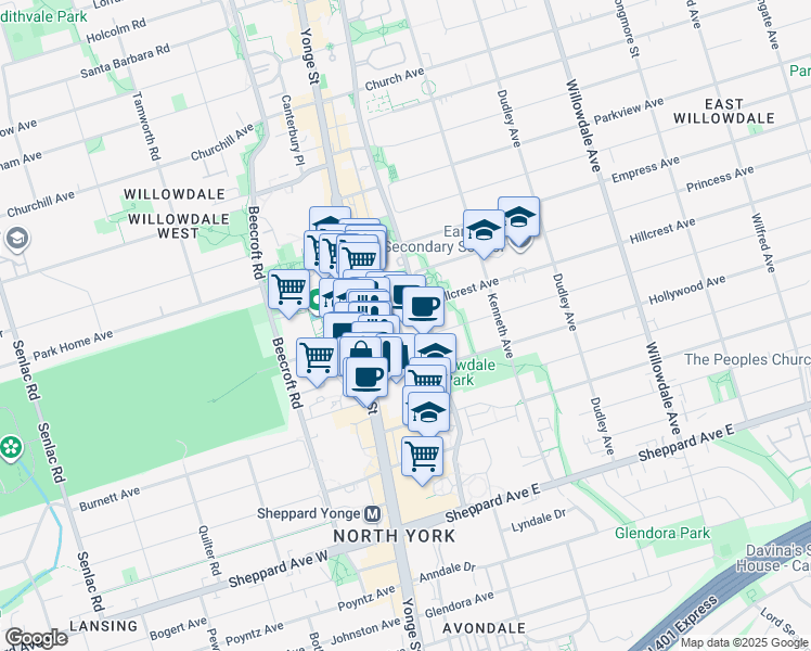 map of restaurants, bars, coffee shops, grocery stores, and more near 188 Doris Avenue in Toronto