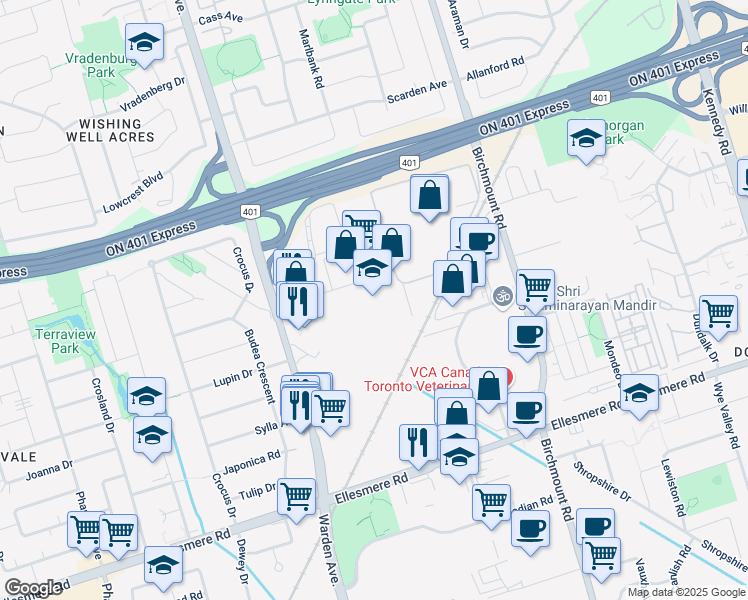 map of restaurants, bars, coffee shops, grocery stores, and more near 41 Metropolitan Road in Toronto
