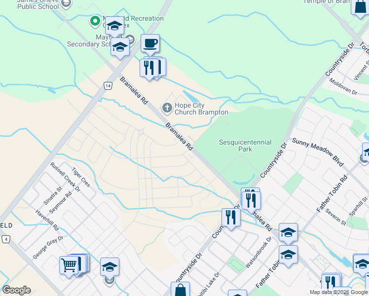 map of restaurants, bars, coffee shops, grocery stores, and more near 11532 Bramalea Road in Brampton