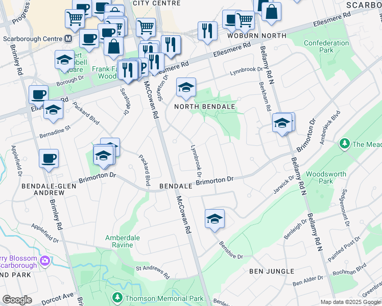 map of restaurants, bars, coffee shops, grocery stores, and more near 49 Acre Heights Crescent in Toronto