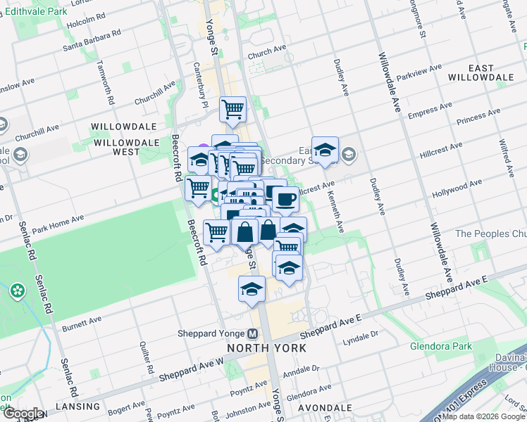 map of restaurants, bars, coffee shops, grocery stores, and more near 21 Hillcrest Avenue in Toronto