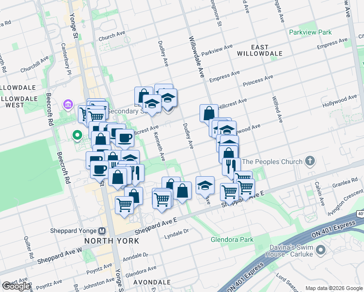 map of restaurants, bars, coffee shops, grocery stores, and more near 136 Hollywood Avenue in Toronto