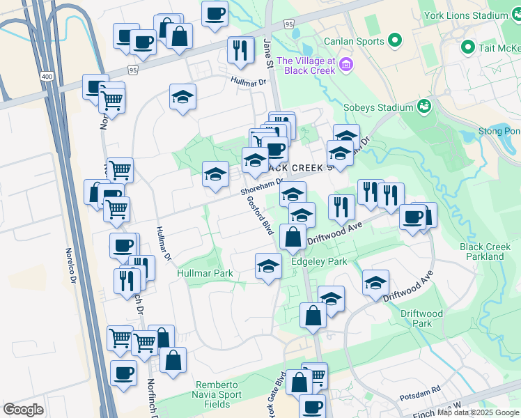 map of restaurants, bars, coffee shops, grocery stores, and more near 89 Gosford Boulevard in Toronto