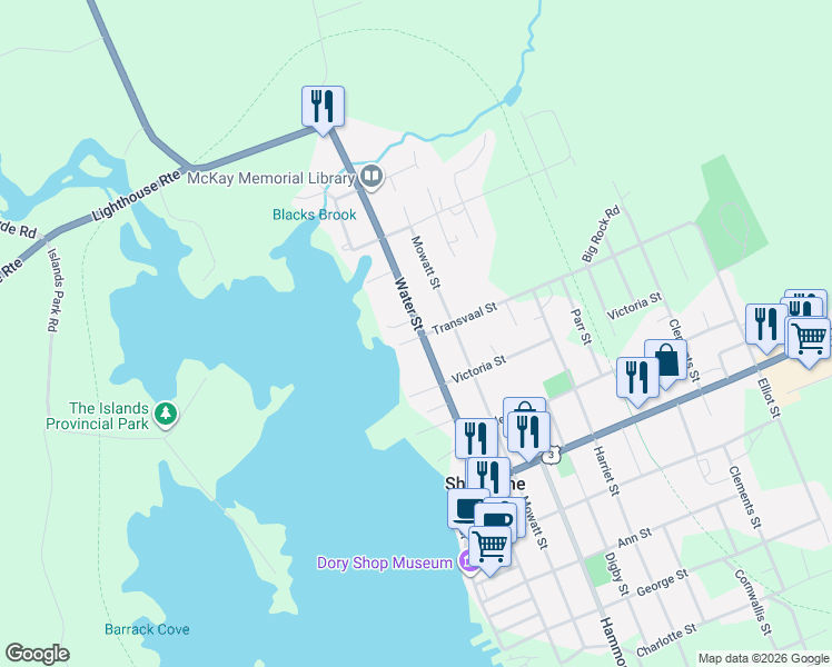 map of restaurants, bars, coffee shops, grocery stores, and more near 1 Transvaal Street in Shelburne