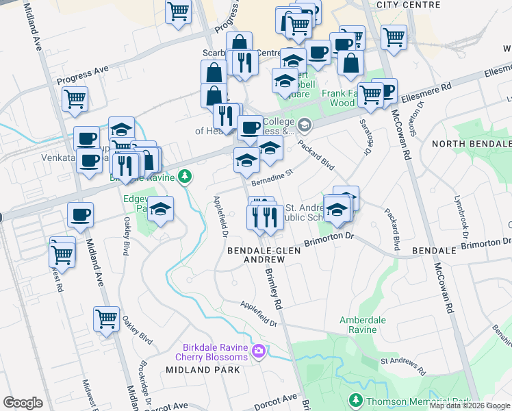 map of restaurants, bars, coffee shops, grocery stores, and more near in Toronto