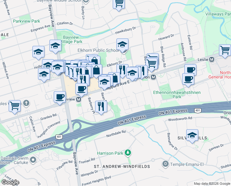 map of restaurants, bars, coffee shops, grocery stores, and more near 621 Sheppard Avenue East in Toronto