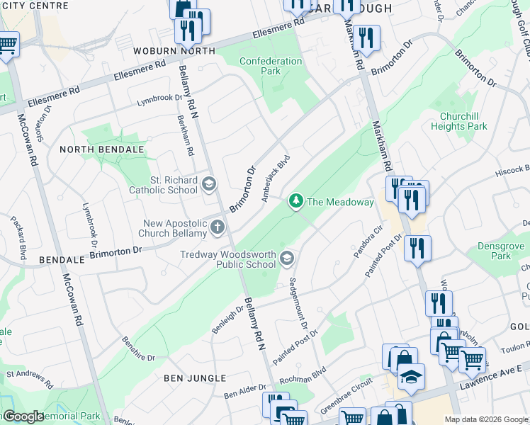 map of restaurants, bars, coffee shops, grocery stores, and more near 27 Amberjack Boulevard in Toronto