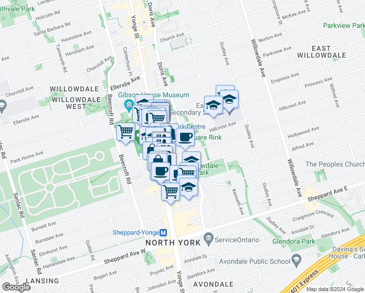 map of restaurants, bars, coffee shops, grocery stores, and more near in Toronto