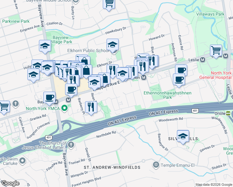 map of restaurants, bars, coffee shops, grocery stores, and more near in Toronto
