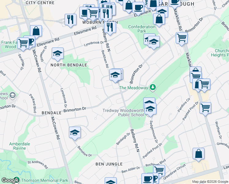 map of restaurants, bars, coffee shops, grocery stores, and more near in Toronto