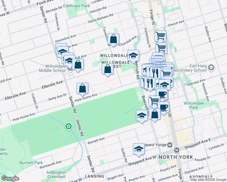map of restaurants, bars, coffee shops, grocery stores, and more near 99 Park Home Avenue in Toronto