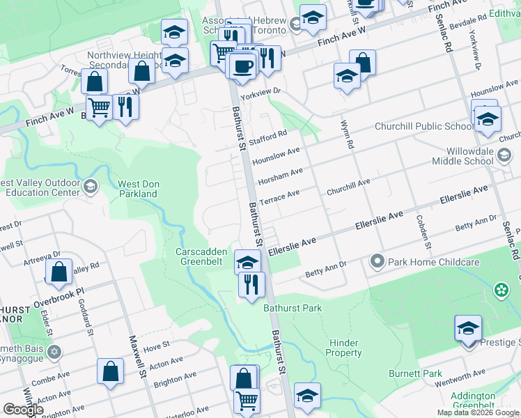 map of restaurants, bars, coffee shops, grocery stores, and more near 47 Terrace Avenue in Toronto
