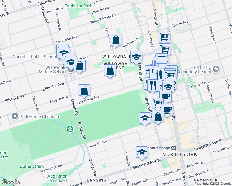 map of restaurants, bars, coffee shops, grocery stores, and more near in Toronto