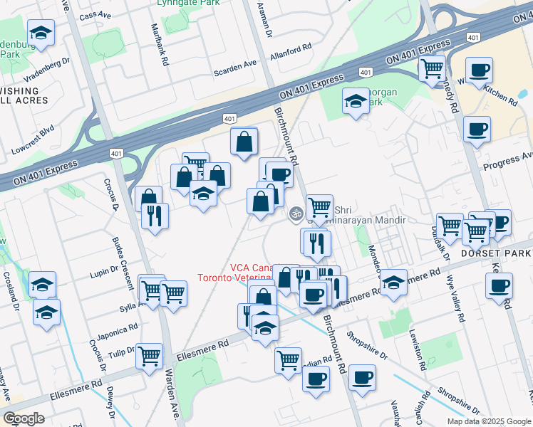 map of restaurants, bars, coffee shops, grocery stores, and more near 80a Rolark Drive in Toronto
