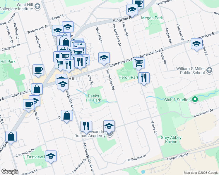 map of restaurants, bars, coffee shops, grocery stores, and more near 113 Homestead Road in Toronto