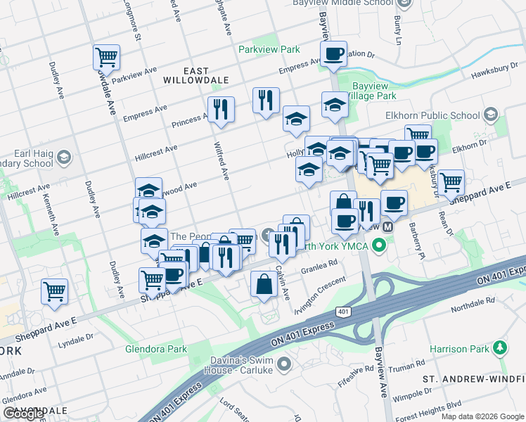 map of restaurants, bars, coffee shops, grocery stores, and more near 339 Spring Garden Avenue in Toronto