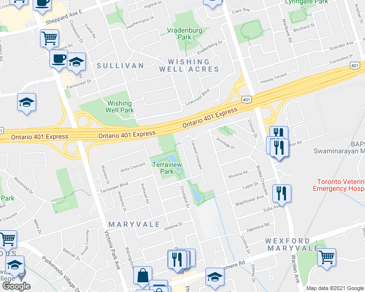 map of restaurants, bars, coffee shops, grocery stores, and more near 46 Cavehill Crescent in Toronto