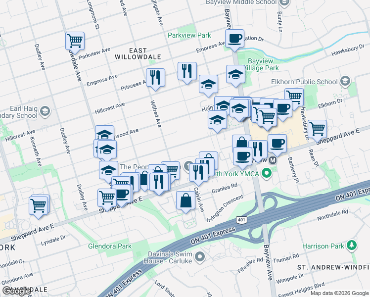map of restaurants, bars, coffee shops, grocery stores, and more near 339 Spring Garden Avenue in Toronto