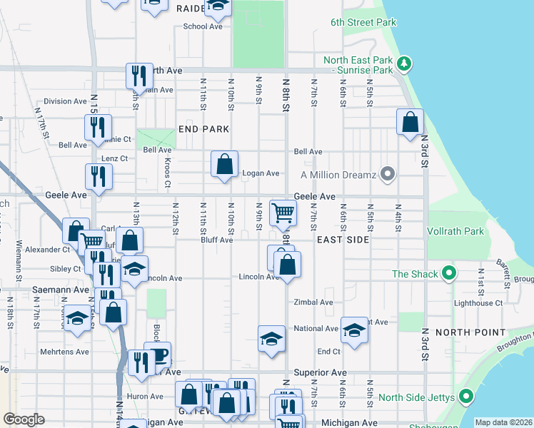 map of restaurants, bars, coffee shops, grocery stores, and more near 2015 North 9th Street in Sheboygan