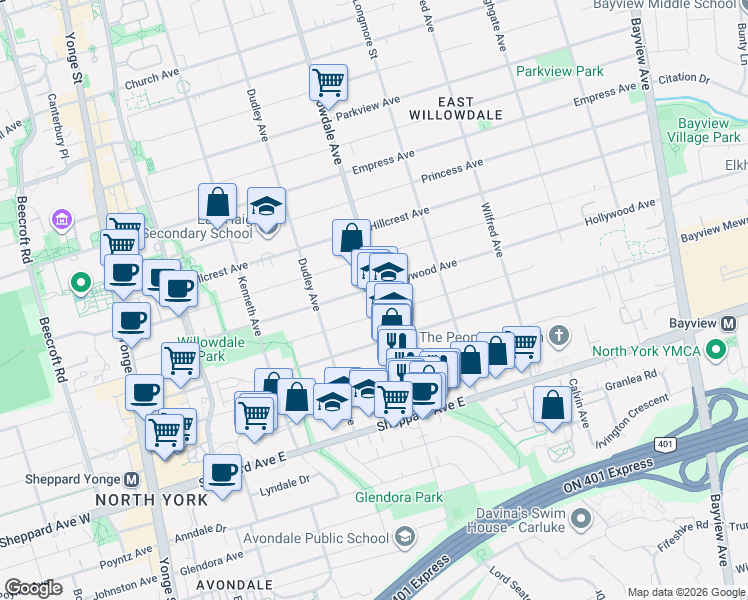 map of restaurants, bars, coffee shops, grocery stores, and more near 184 Willowdale Avenue in Toronto