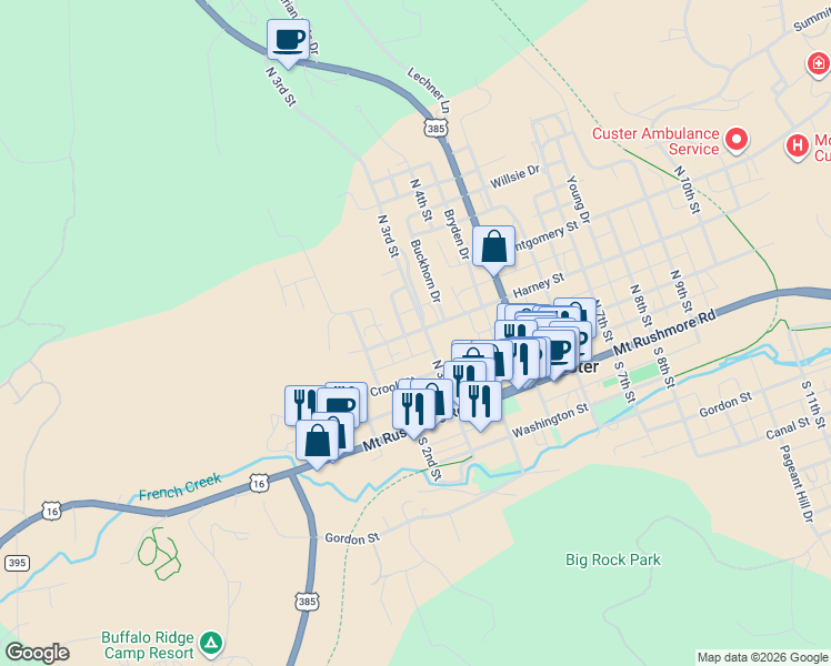 map of restaurants, bars, coffee shops, grocery stores, and more near 282 Harney Street in Custer