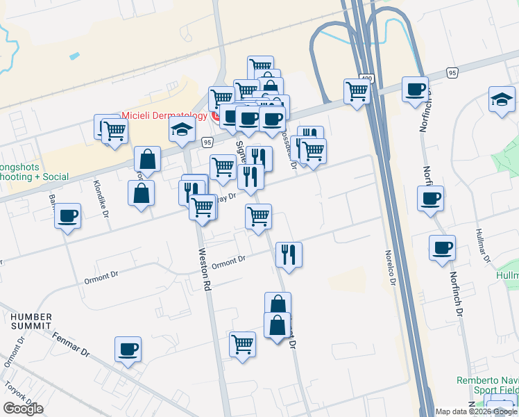 map of restaurants, bars, coffee shops, grocery stores, and more near 389 Signet Drive in Toronto